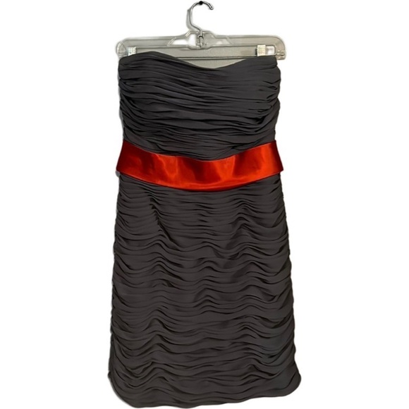 BILL LEVKOFF Charcoal Ruched Bodycon Cocktail Dress w/ Red Satin waist size 12 - Picture 1 of 4